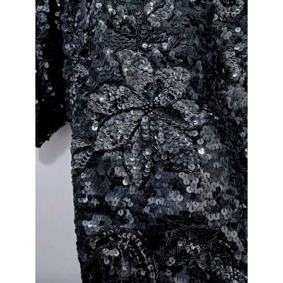 Exotic Formal Beaded Sequin Top L Black Short Sleeve NY Party Christmas Holiday - Picture 15 of 17